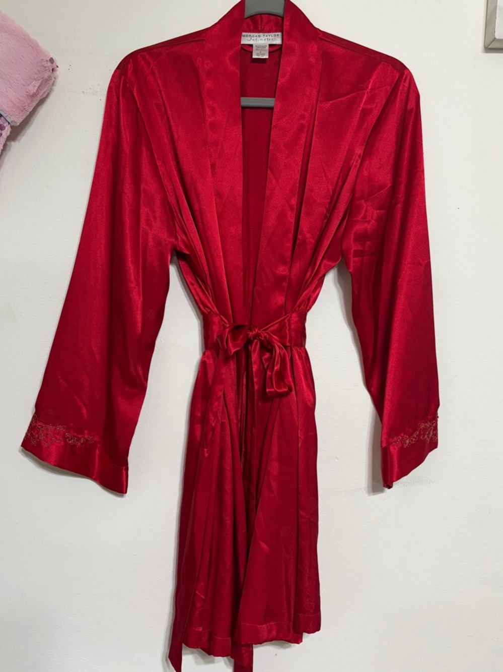 Morgan Taylor Red Satin Tie-Front Kimono Robe